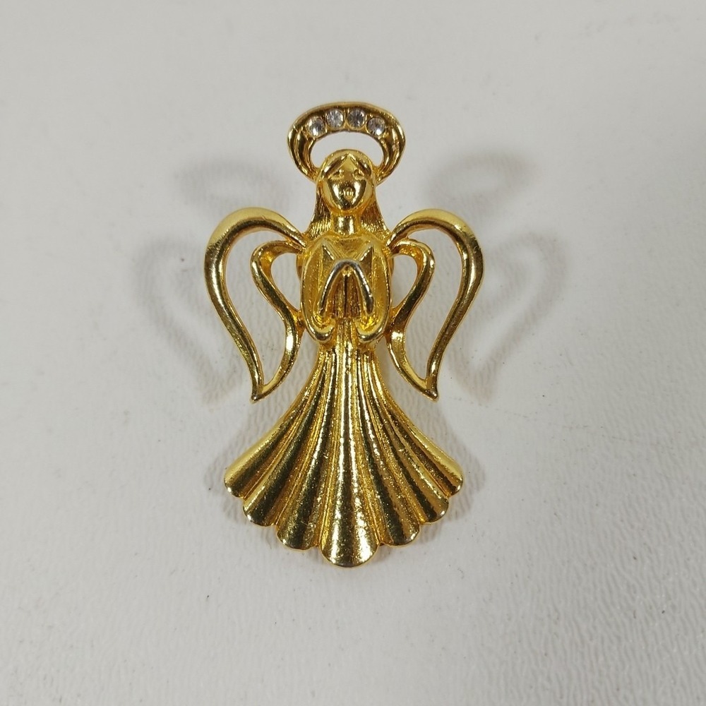 Gold Tone Metal Angel-Shaped Brooch Pin, Angels‎ Theme, Gold Color, Gemstones